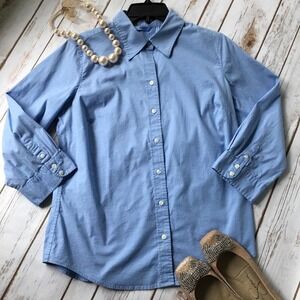 Oxford Button Up Top Women M 8 10 Blue Cotton 3/4 Length Sleeves Izod Preppy